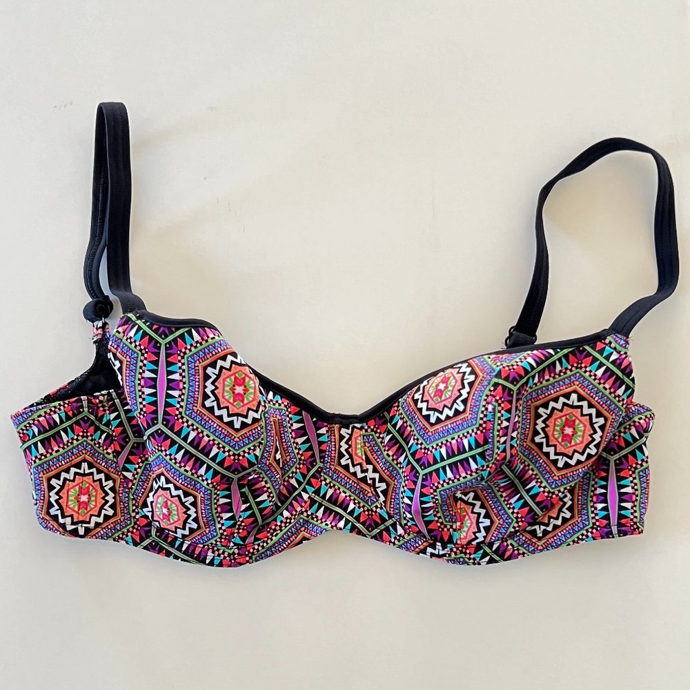 Freya Zeta Bikini Top Colorful Mosaic Pattern w/ Black Trim Bra Sized 36DD NWOT